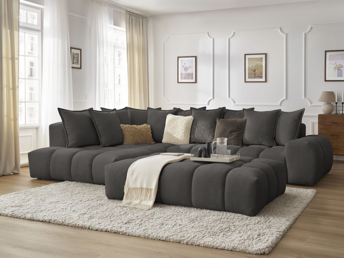 Bobochic Everest Ecksofa mit Schlaffunktion und Pouf, 10 Kissen Strukturstoff Dunkelgrau Ecke links