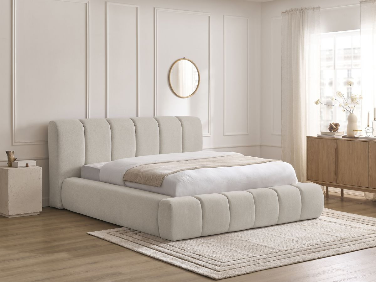 Bobochic Denali Polsterbett mit Bettkasten Stoff Beige, Liegefläche 140 × 190 cm