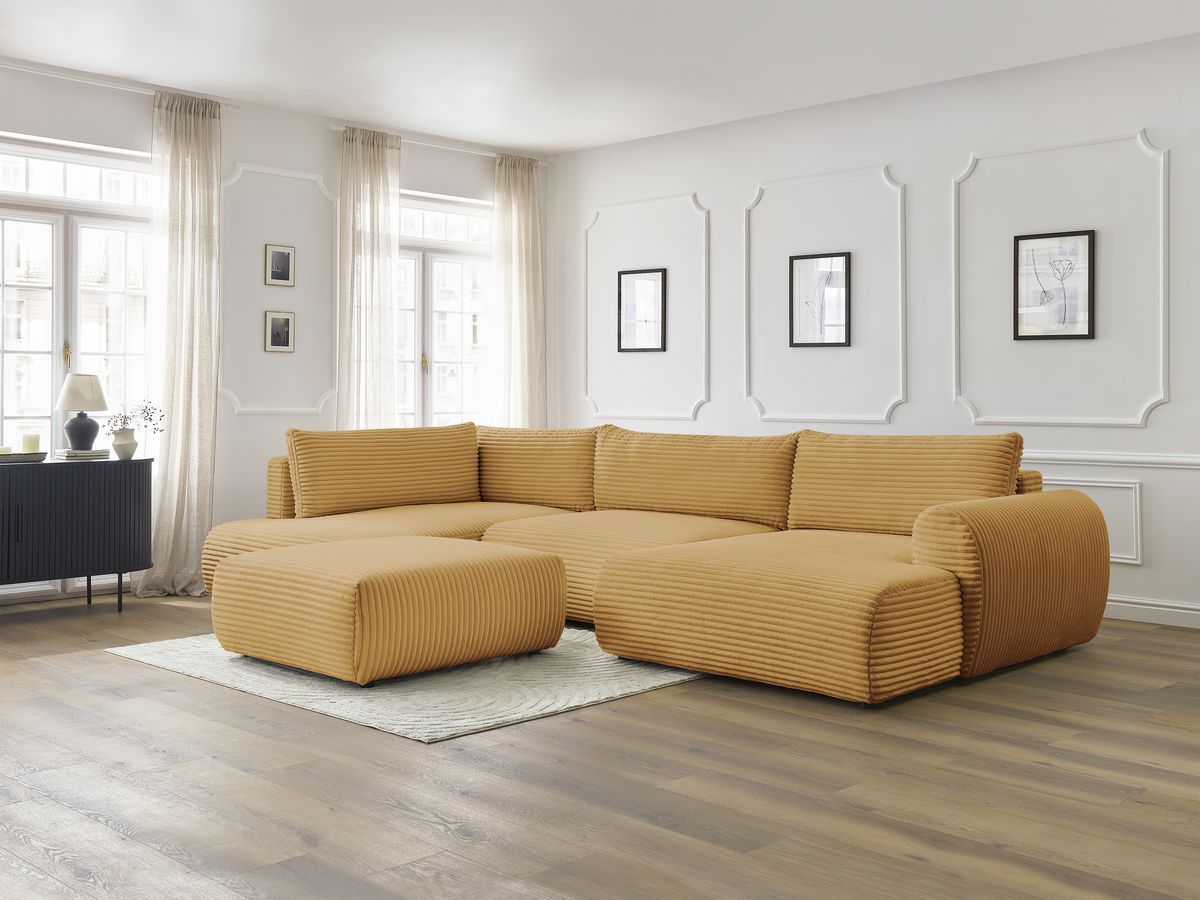 Bobochic Lucien Wohnlandschaft mit Pouf Breitcord weich Gelb Ecke rechts