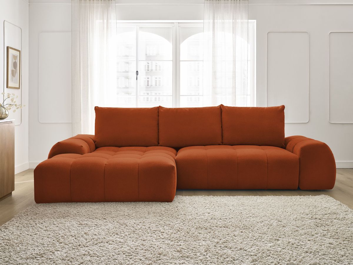 Bobochic Everest Ecksofa mit Schlaffunktion und Bettkasten 318 × 180 cm, 3 Kissen Strukturstoff Orange Ecke links