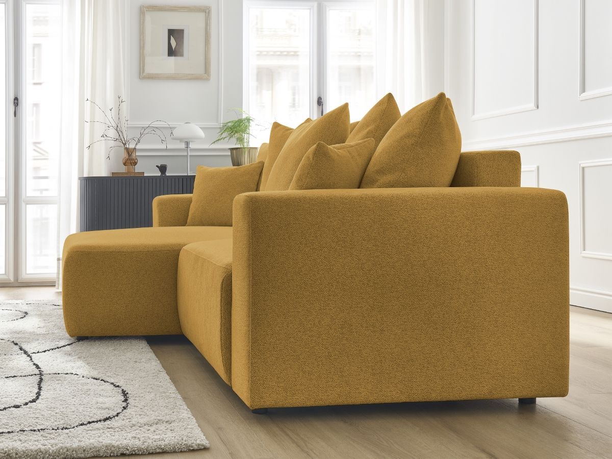Bobochic Atilla Ecksofa mit Schlaffunktion und Bettkasten Melange-Stoff Gelb Ecke links