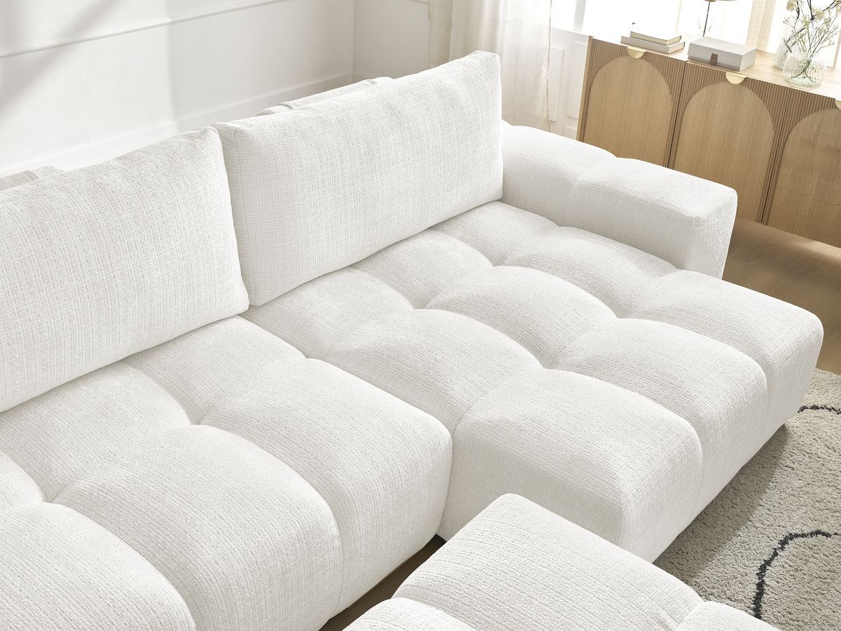 Bobochic Anakin Ecksofa mit Schlaffunktion und Bettkasten und Pouf, 2 Kissen Strukturstoff Weiß