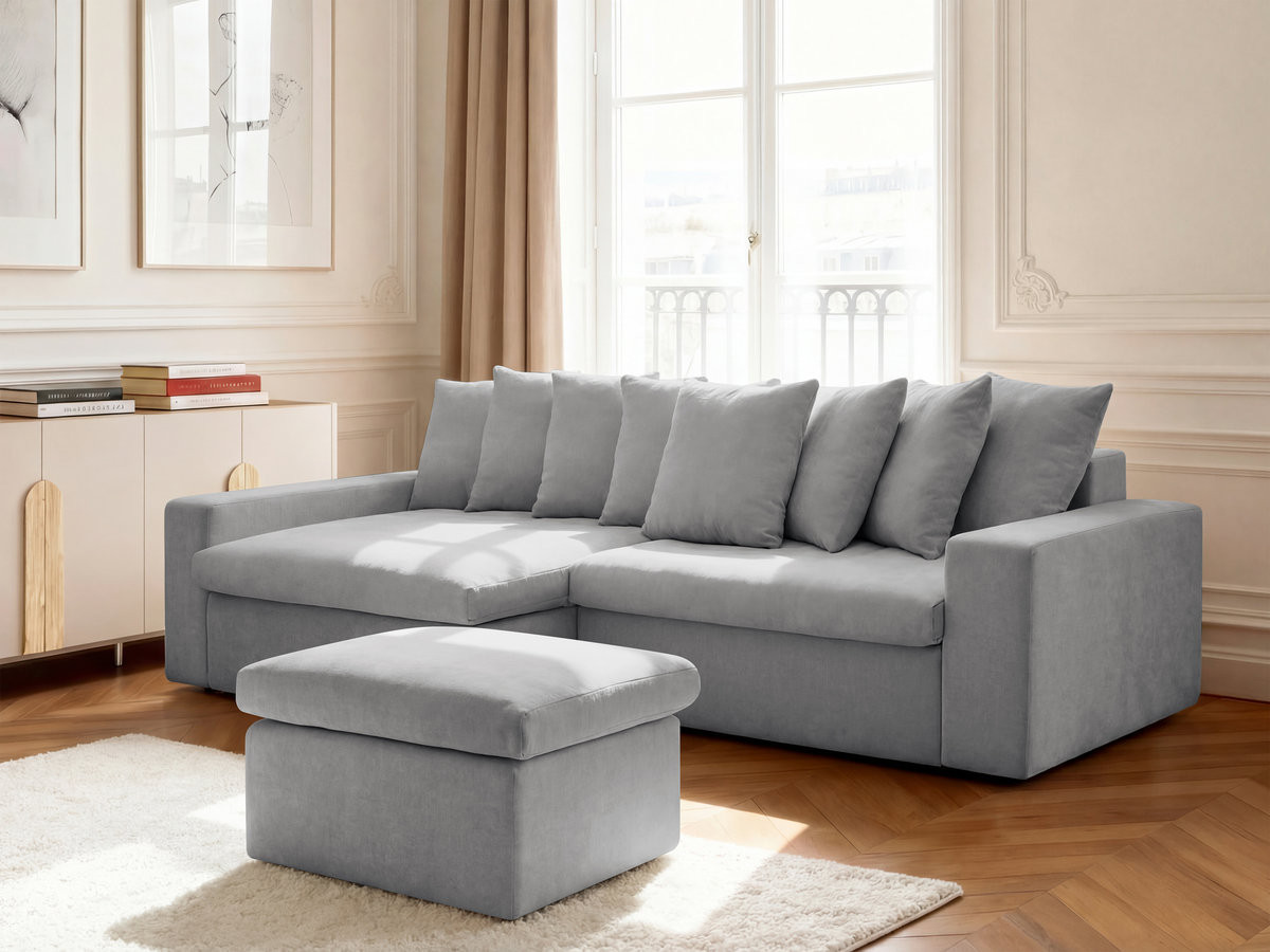 Bobochic Enore Ecksofa mit Pouf Stoff Hellgrau Ecke links