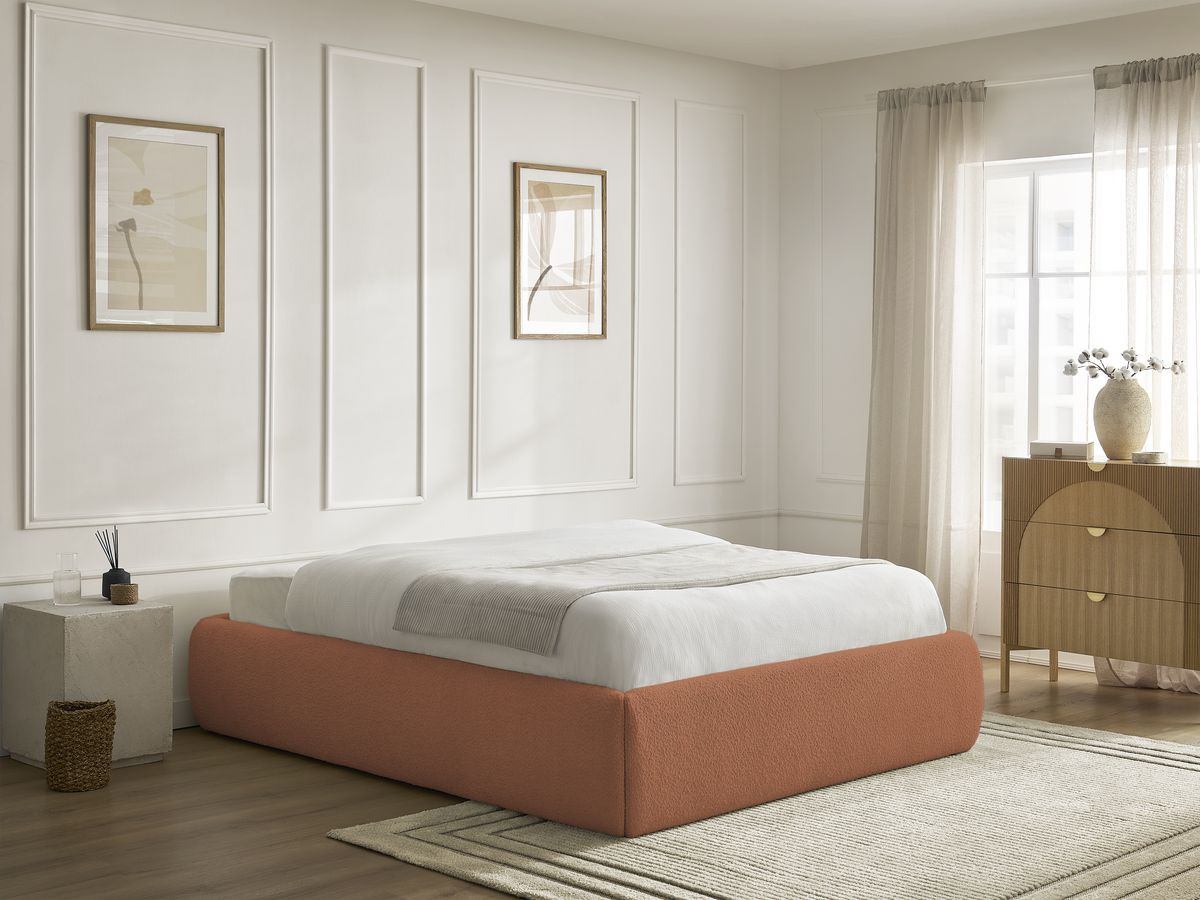 Bobochic Inera Bettgestell mit Bettkasten, ohne Kopfteil Bouclé-Stoff Orange, Liegefläche 140 × 190 cm
