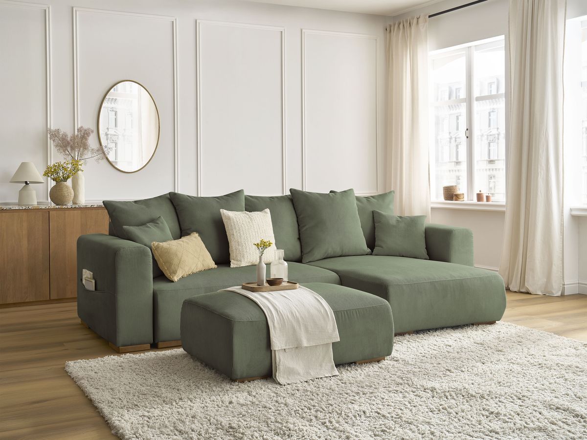 Bobochic Sidonie Ecksofa mit Schlaffunktion und Bettkasten und Pouf Cordsamt Grün