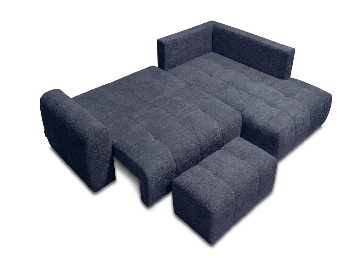Bobochic Roxelane Ecksofa mit Schlaffunktion und Bettkasten und Pouf Bouclé-Stoff Dunkelblau Ecke rechts