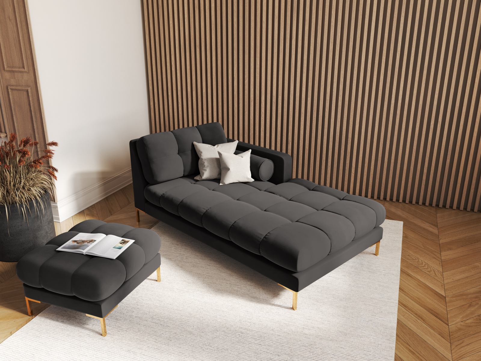 Cosmopolitan Design Chaiselongue Bali Samt Bluvel Dunkelgrau Melange Rechts Beine Gold