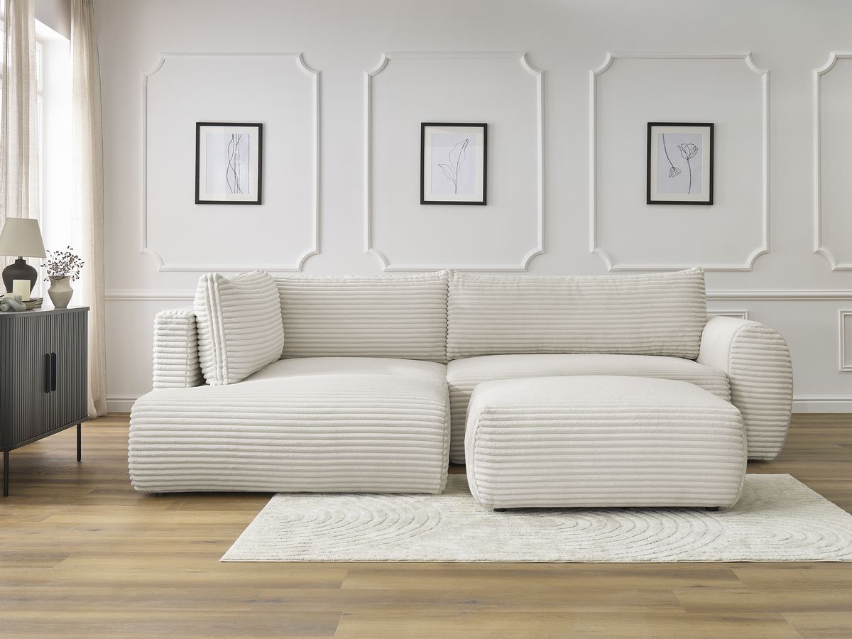 Bobochic Lucien Ecksofa mit Schlaffunktion und Bettkasten und Pouf 296 × 198 cm Breitcord weich Beige Ecke links