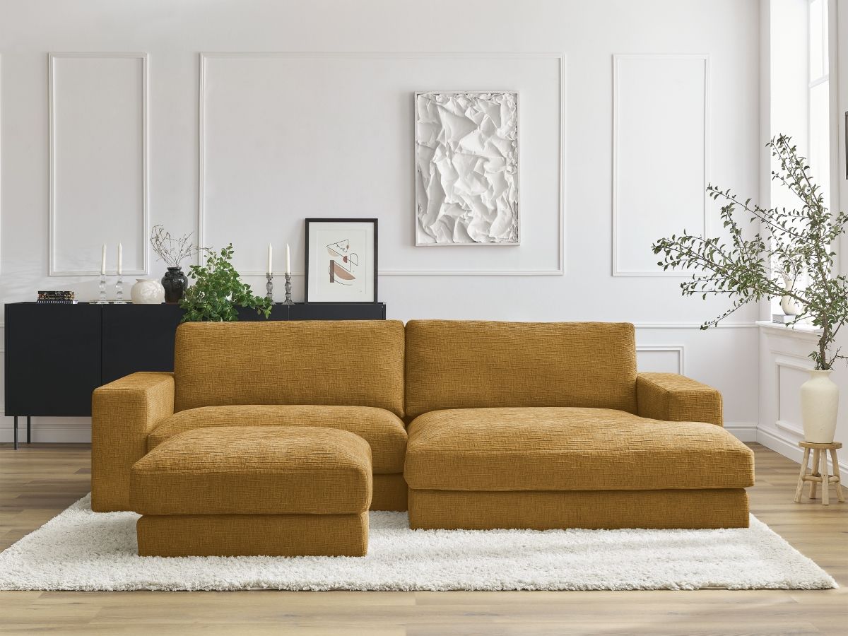 Bobochic Leonard Ecksofa mit Pouf 274 × 159 cm Strukturstoff Gelb Ecke rechts