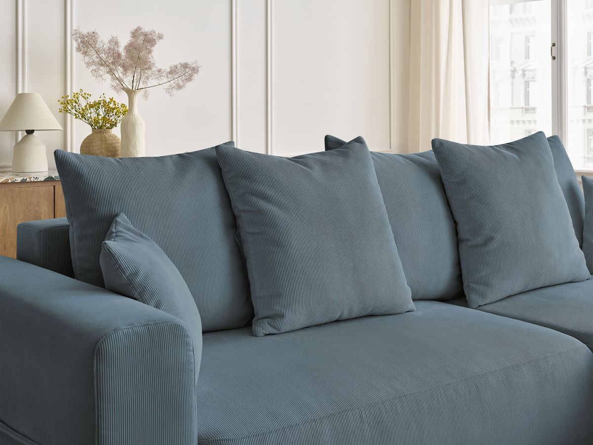 Bobochic Sidonie Ecksofa mit Schlaffunktion und Bettkasten Cordsamt Dunkelblau