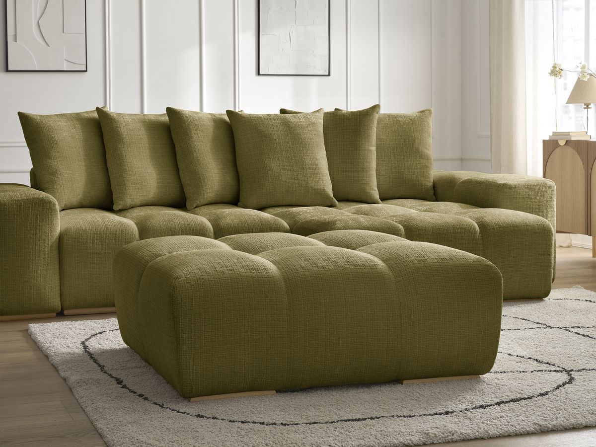 Bobochic Anakin Ecksofa mit Schlaffunktion und Bettkasten und Pouf, 6 Kissen Strukturstoff Grün