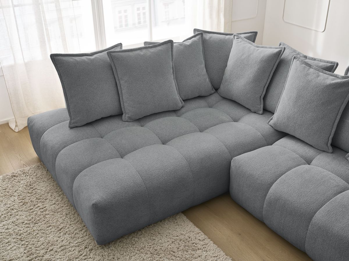 Bobochic Everest Ecksofa mit Schlaffunktion und Bettkasten 320 × 212 cm, 10 Kissen Melange-Stoff Dunkelgrau Ecke links