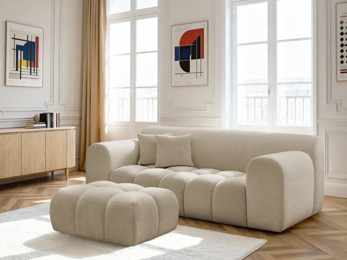 Bobochic Melisse Sofa 2-Sitzer mit Pouf Strukturstoff Beige