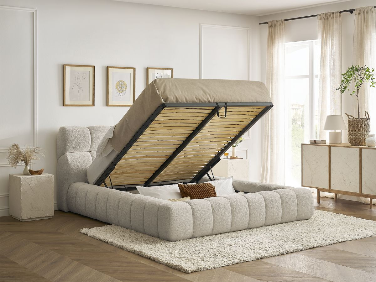 Bobochic Mont-blanc Polsterbett mit Bettkasten Bouclé-Stoff Beige, Liegefläche 140 × 190 cm