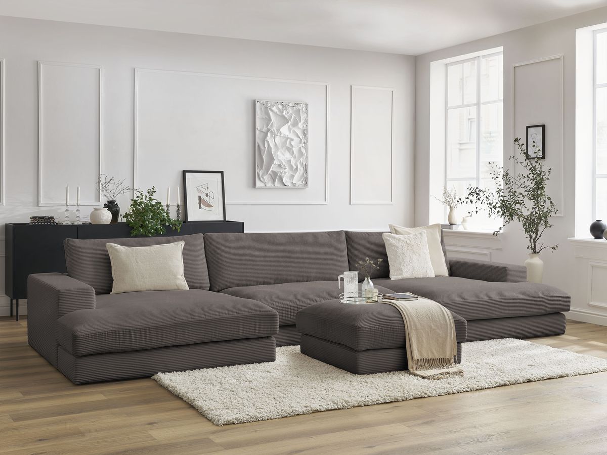 Bobochic Leonard Wohnlandschaft mit Pouf 349 × 159 cm Cordsamt Braun