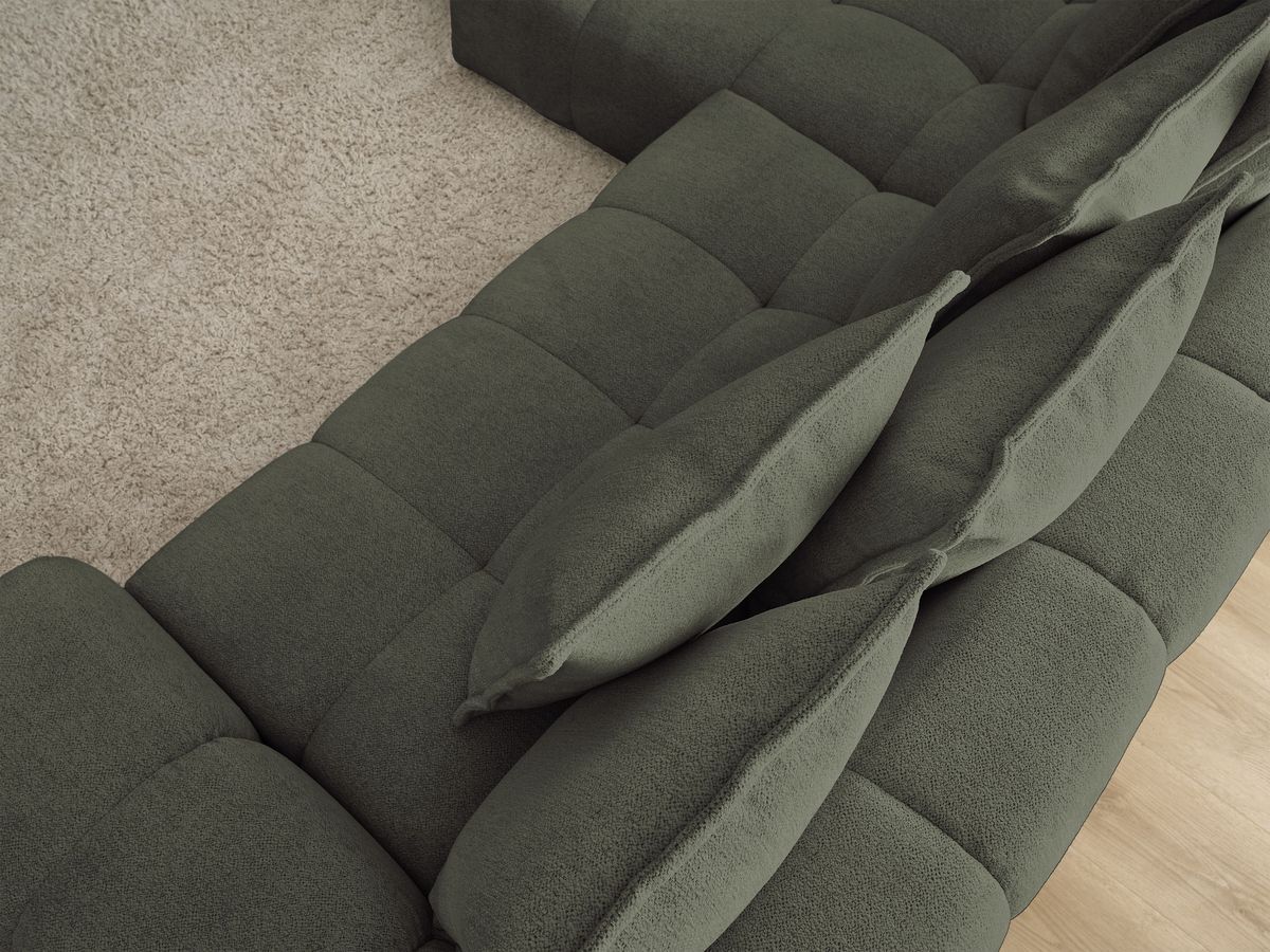 Bobochic Everest Ecksofa mit Schlaffunktion und Bettkasten 318 × 180 cm, 7 Kissen Melange-Stoff Grün Ecke links