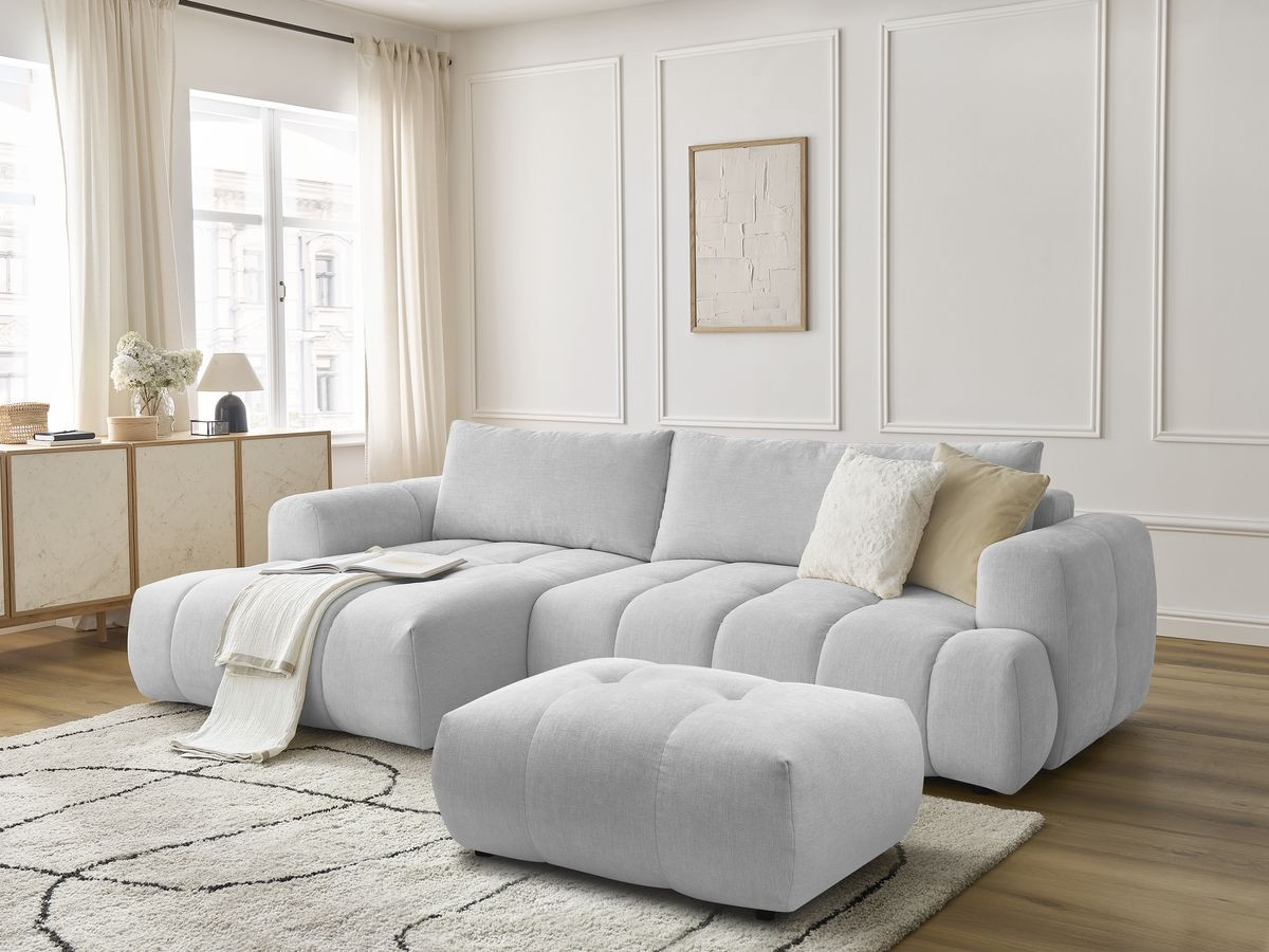 Bobochic Fuji Ecksofa mit Schlaffunktion und Bettkasten und Pouf 292 × 160 cm Stoff Hellgrau Ecke links