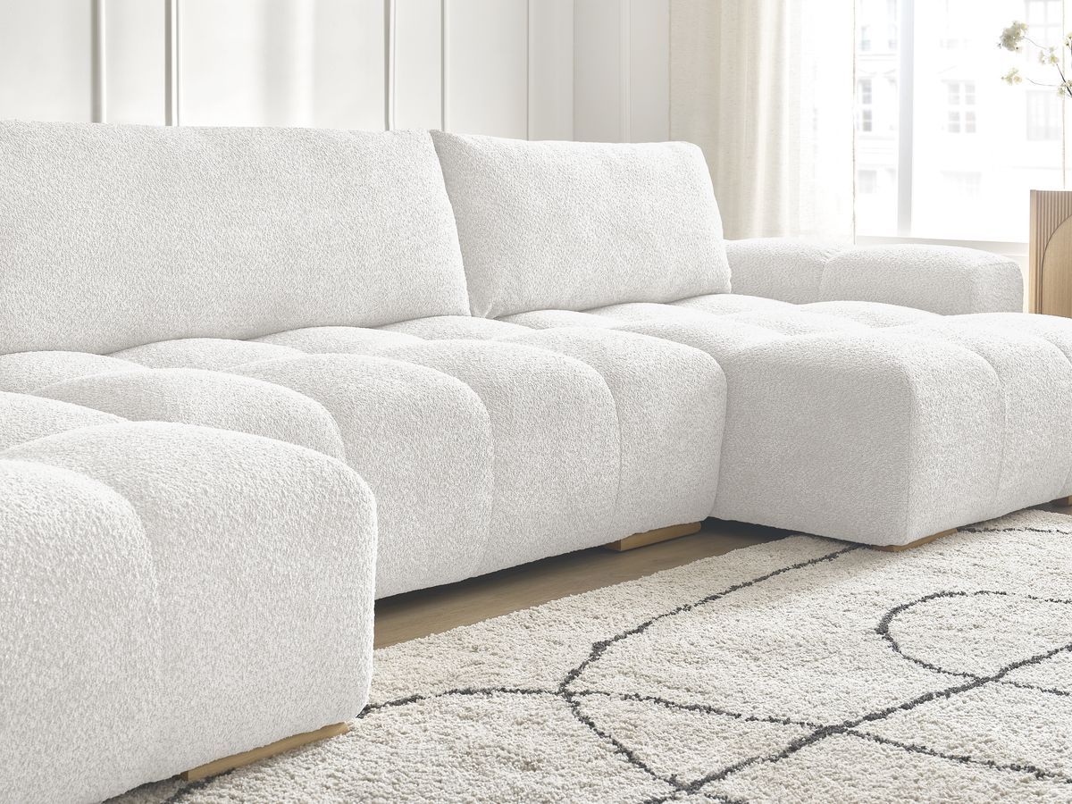 Bobochic Anakin Wohnlandschaft, Liegefläche 137 × 382 cm, 3 Kissen Bouclé-Stoff Weiß
