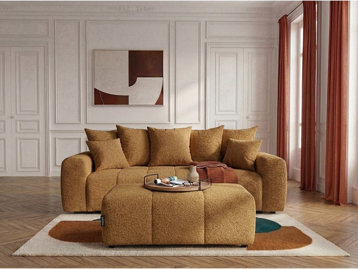 Bobochic Roxelane Schlafsofa 3-Sitzer mit Bettkasten und Pouf Bouclé-Stoff Gelb