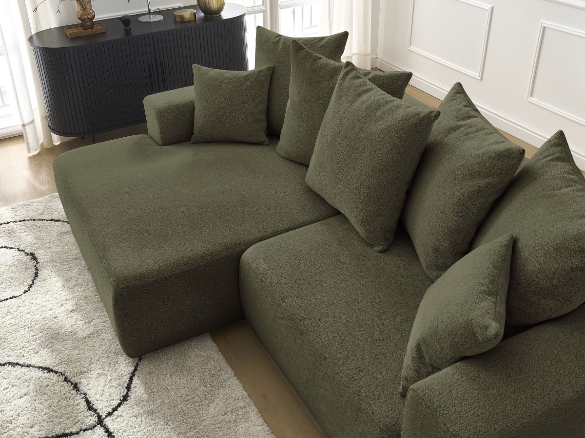 Bobochic Atilla Ecksofa mit Schlaffunktion und Bettkasten Melange-Stoff Grün Ecke links