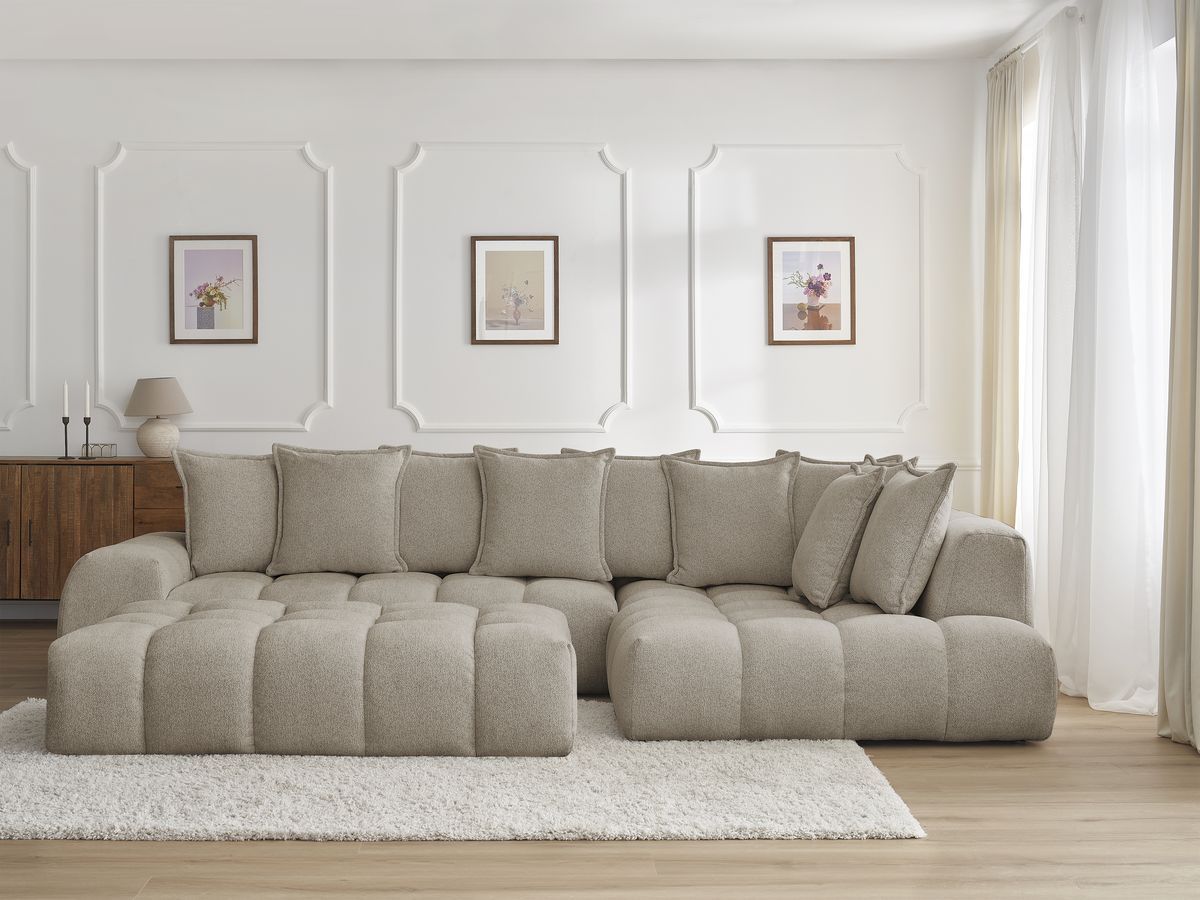 Bobochic Everest Ecksofa mit Schlaffunktion und Pouf, 10 Kissen Melange-Stoff Taupe Ecke rechts