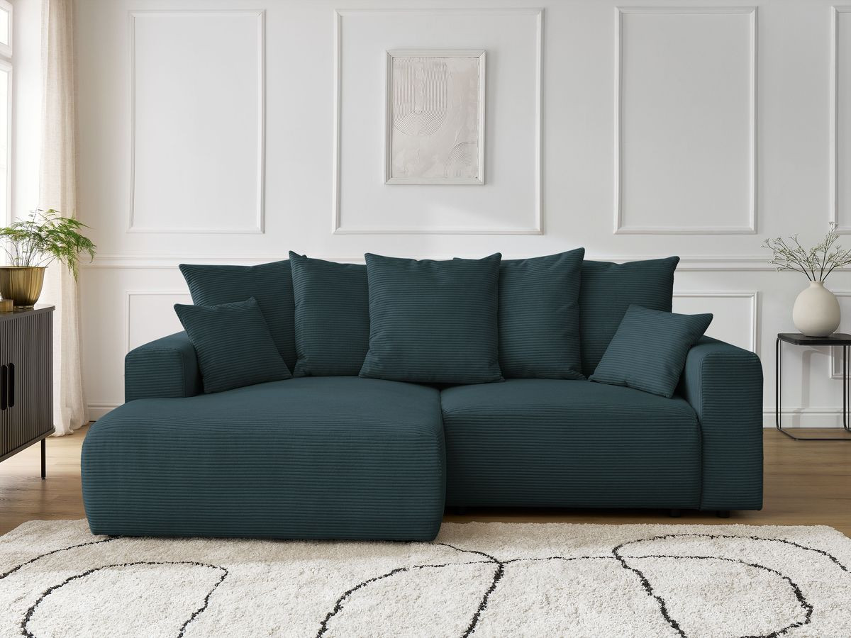 Bobochic Atilla Ecksofa mit Schlaffunktion und Bettkasten Cordsamt Dunkelblau Ecke links