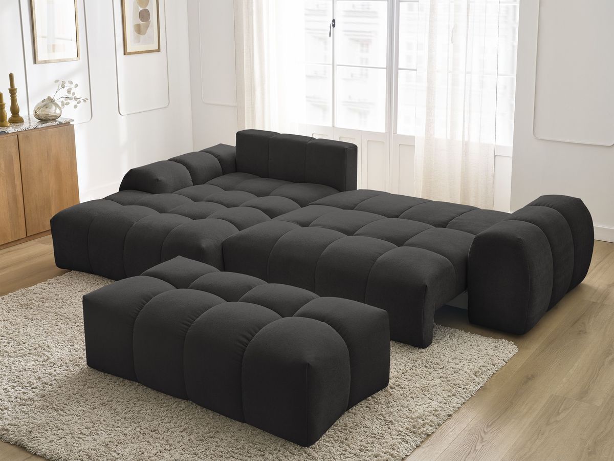 Bobochic Everest Ecksofa mit Schlaffunktion und Bettkasten und Pouf 318 × 180 cm, 7 Kissen Strukturstoff Schwarz Ecke links