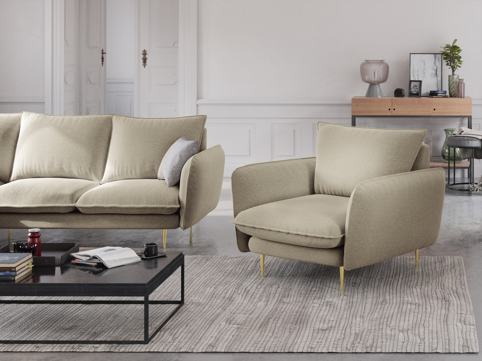 Cosmopolitan Design Sessel Vienna Strukturierter Stoff Positano Beige Beine Gold