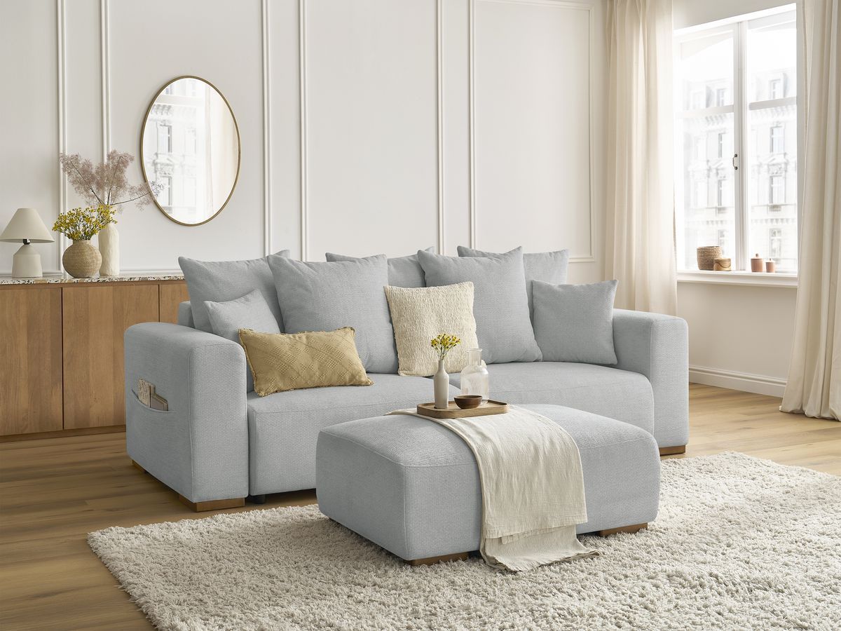 Bobochic Sidonie Schlafsofa 4-Sitzer mit Bettkasten und Pouf Melange-Stoff Hellgrau