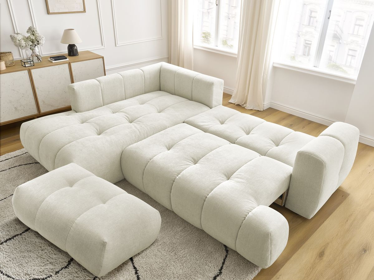 Bobochic Fuji Ecksofa mit Schlaffunktion und Bettkasten und Pouf 282 × 204 cm Stoff Beige Ecke links