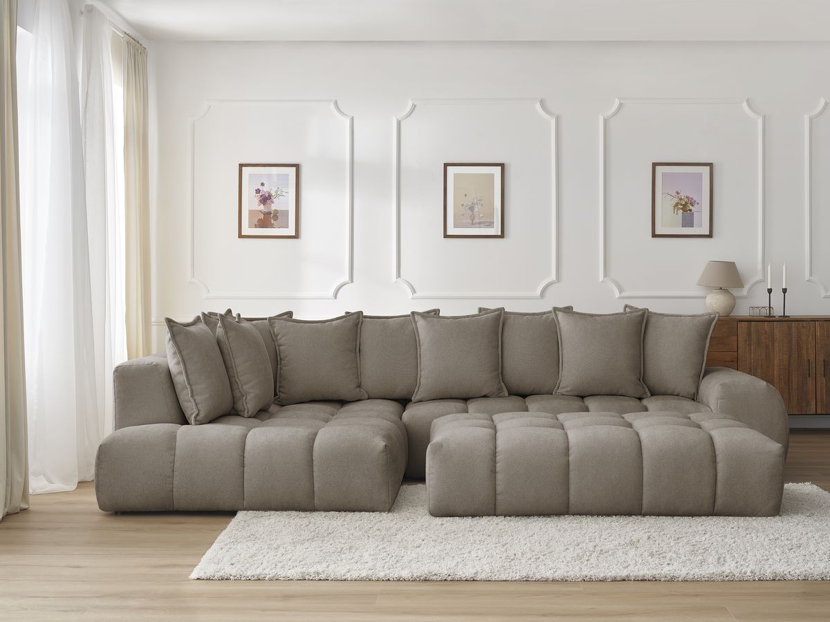 Bobochic Everest Ecksofa mit Schlaffunktion und Pouf, 10 Kissen Strukturstoff Taupe Ecke links