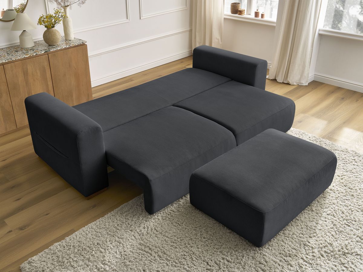 Bobochic Sidonie Schlafsofa 4-Sitzer mit Bettkasten und Pouf Cordsamt Schwarz