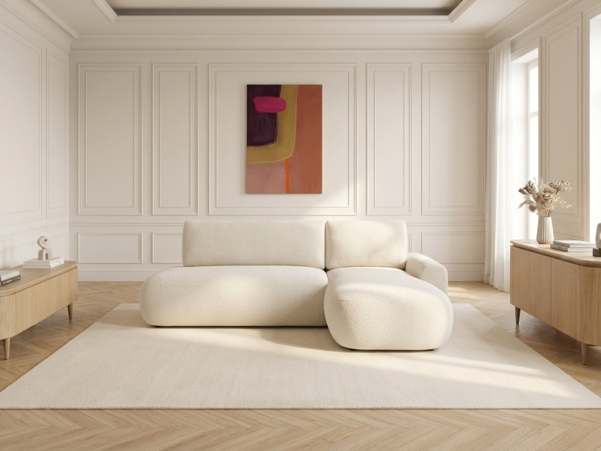 Bobochic Tango Ecksofa mit Schlaffunktion und Bettkasten Bouclé-Stoff Beige Ecke rechts