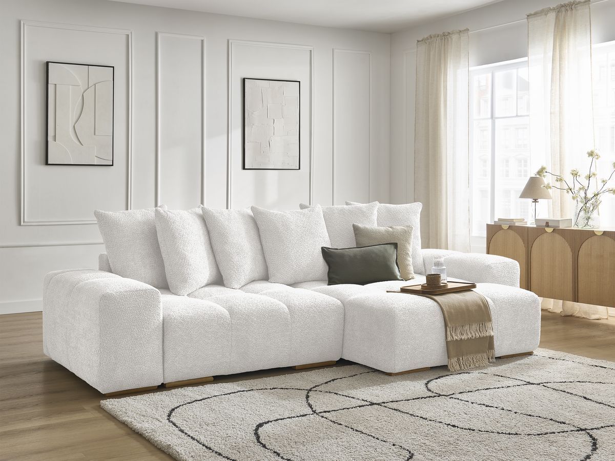 Bobochic Anakin Ecksofa mit Schlaffunktion und Bettkasten, 6 Kissen Bouclé-Stoff Weiß