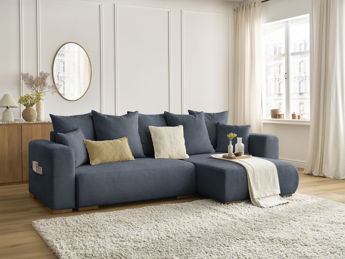 Bobochic Sidonie Ecksofa mit Schlaffunktion und Bettkasten Melange-Stoff Dunkelblau