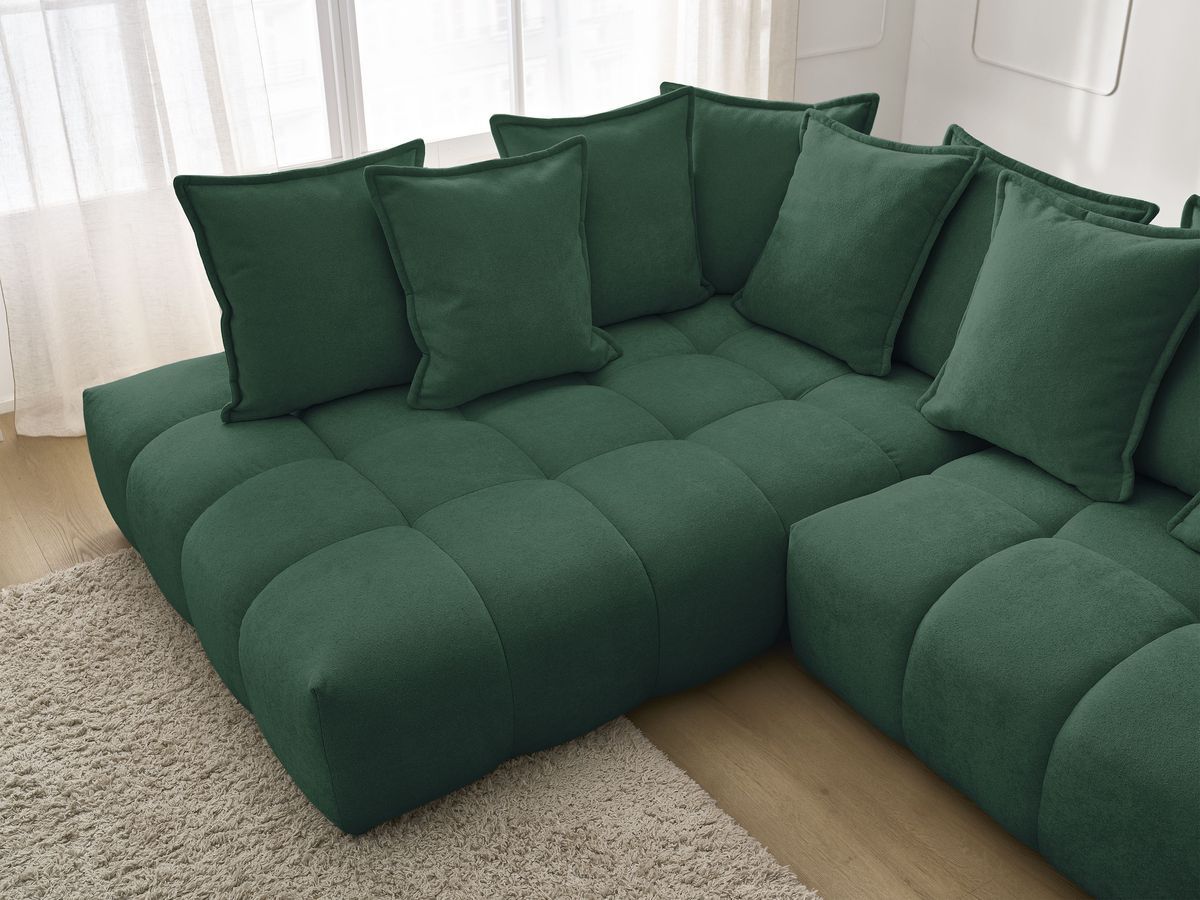 Bobochic Everest Ecksofa mit Schlaffunktion und Bettkasten 320 × 212 cm, 10 Kissen Strukturstoff Grün Ecke links