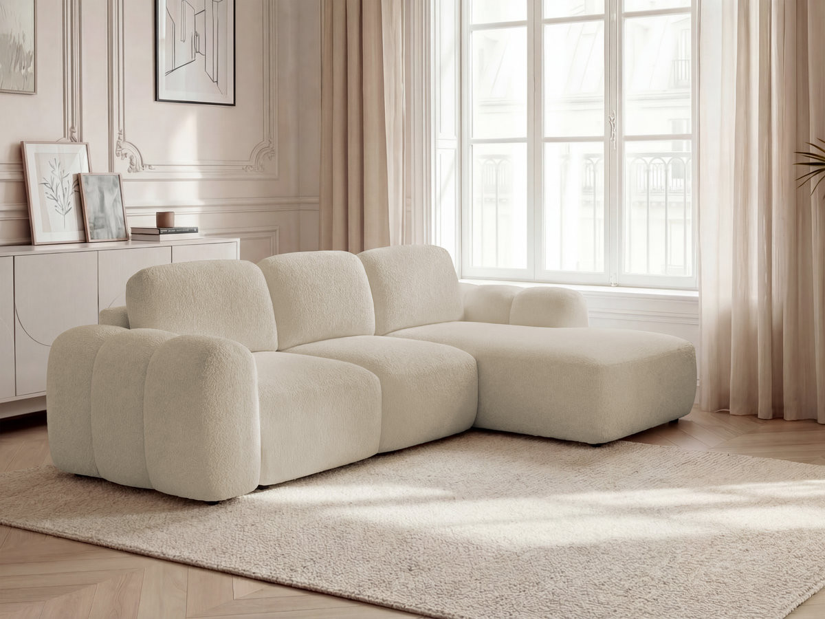 Bobochic Montaigne Ecksofa mit Schlaffunktion und Bettkasten 276 × 164 cm Bouclé-Stoff Beige Ecke rechts
