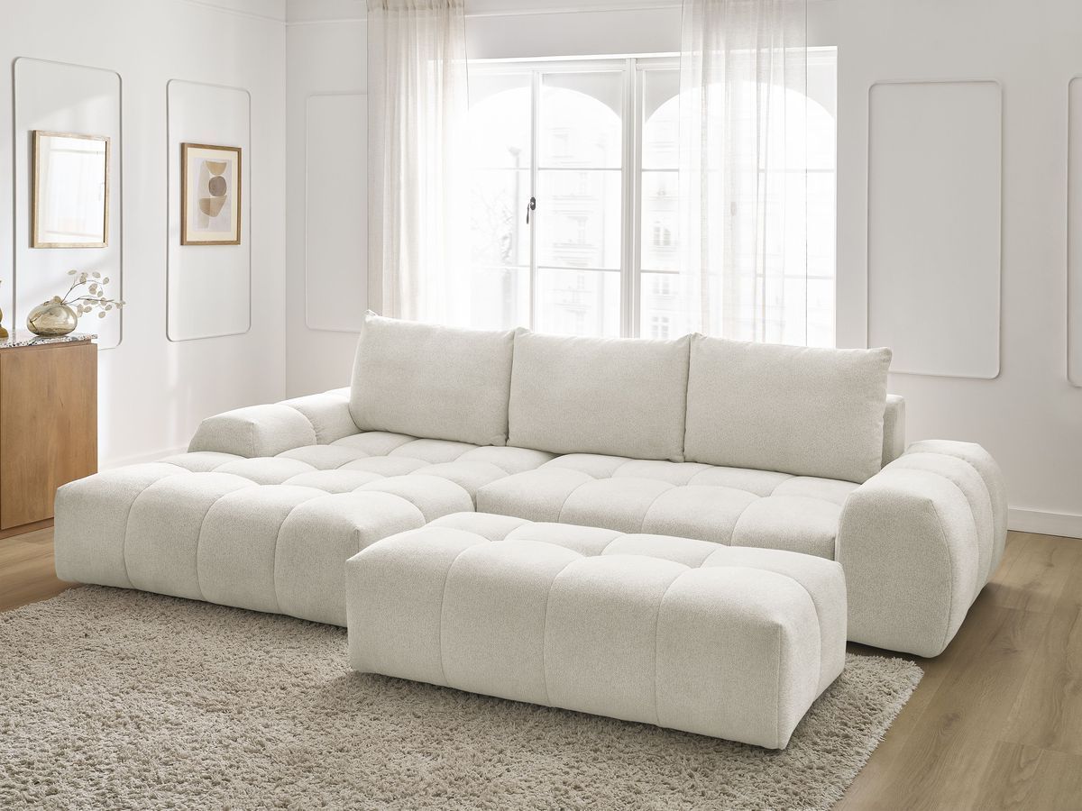 Bobochic Everest Ecksofa mit Schlaffunktion und Bettkasten und Pouf 318 × 180 cm, 3 Kissen Melange-Stoff Weiß Ecke links