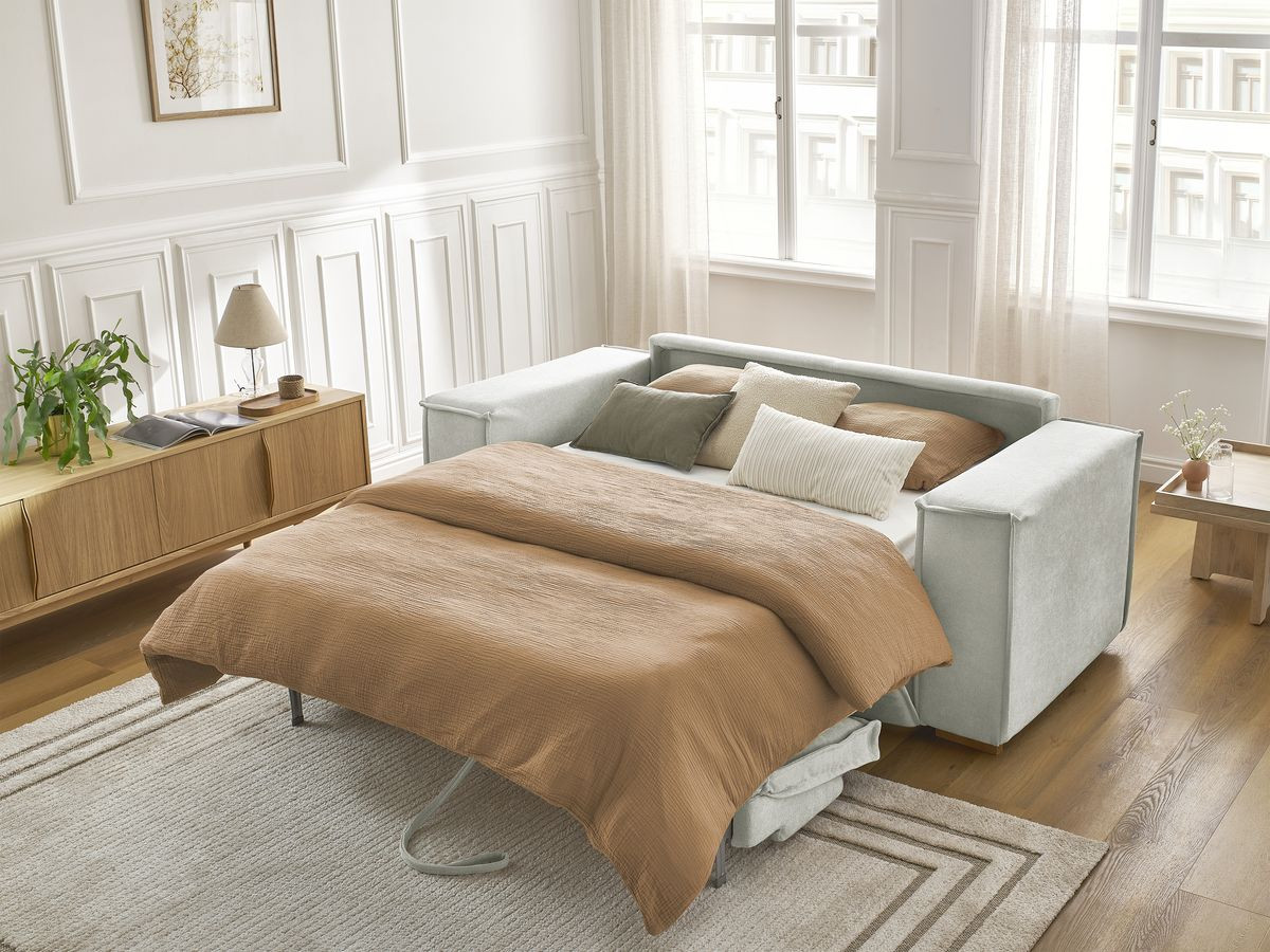 Bobochic Chelsea Schlafsofa 3-Sitzer Strukturstoff Hellgrau, Liegefläche 160 × 200 cm