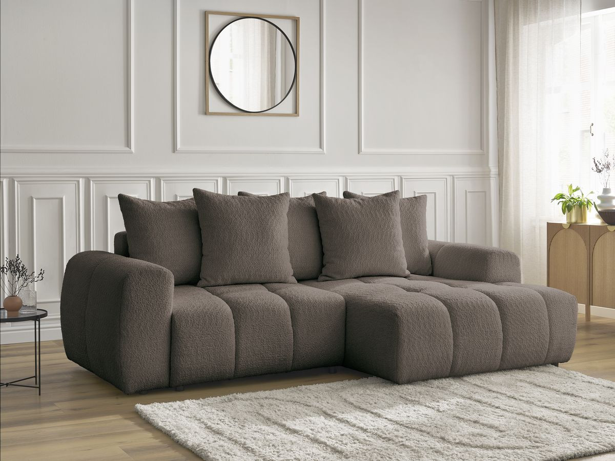 Bobochic Roxelane Ecksofa mit Schlaffunktion und Bettkasten 258 × 150 cm Bouclé-Stoff Braun Ecke rechts