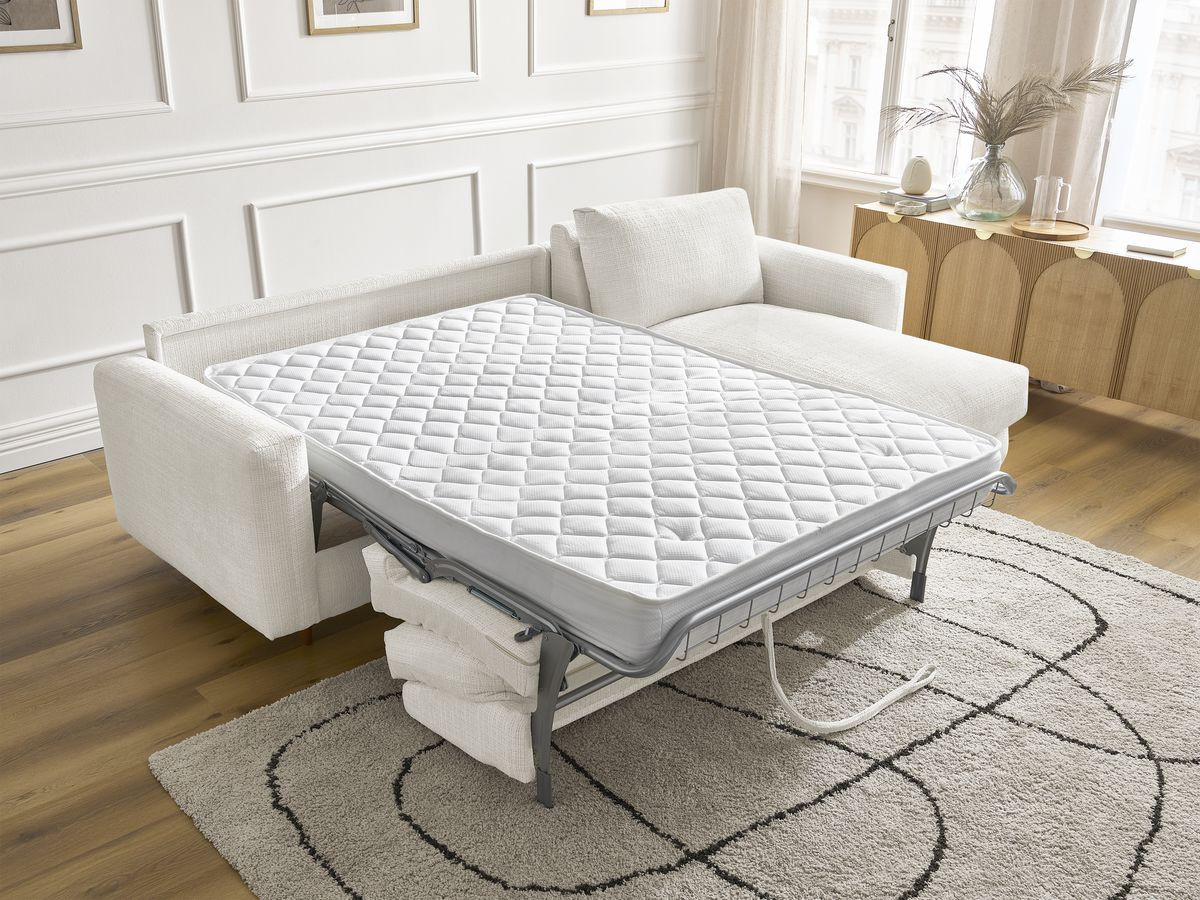 Bobochic Cocoone Ecksofa mit Schlaffunktion und Bettkasten Strukturstoff Weiß, Liegefläche 160 × 200 cm