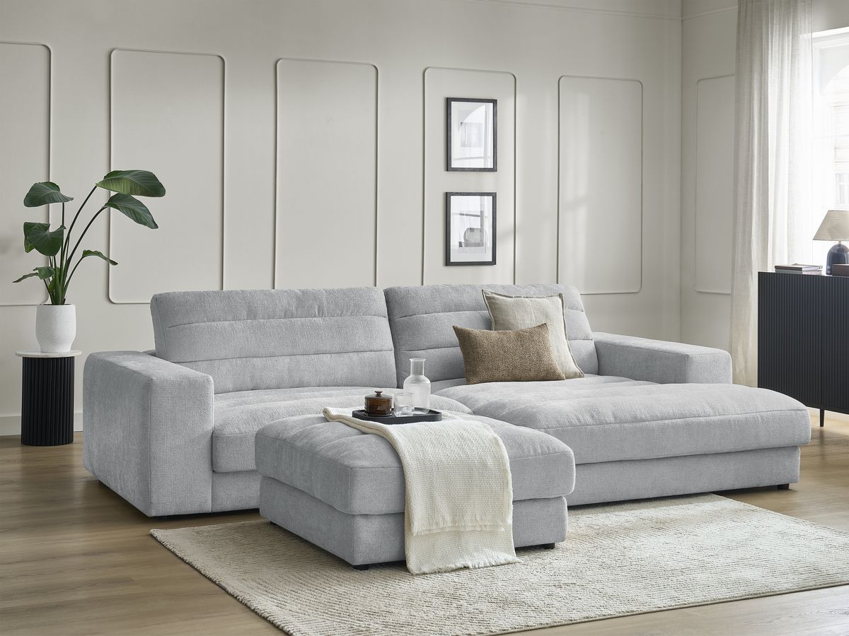 Bobochic Sierra Ecksofa mit Pouf Strukturstoff Hellgrau Ecke rechts