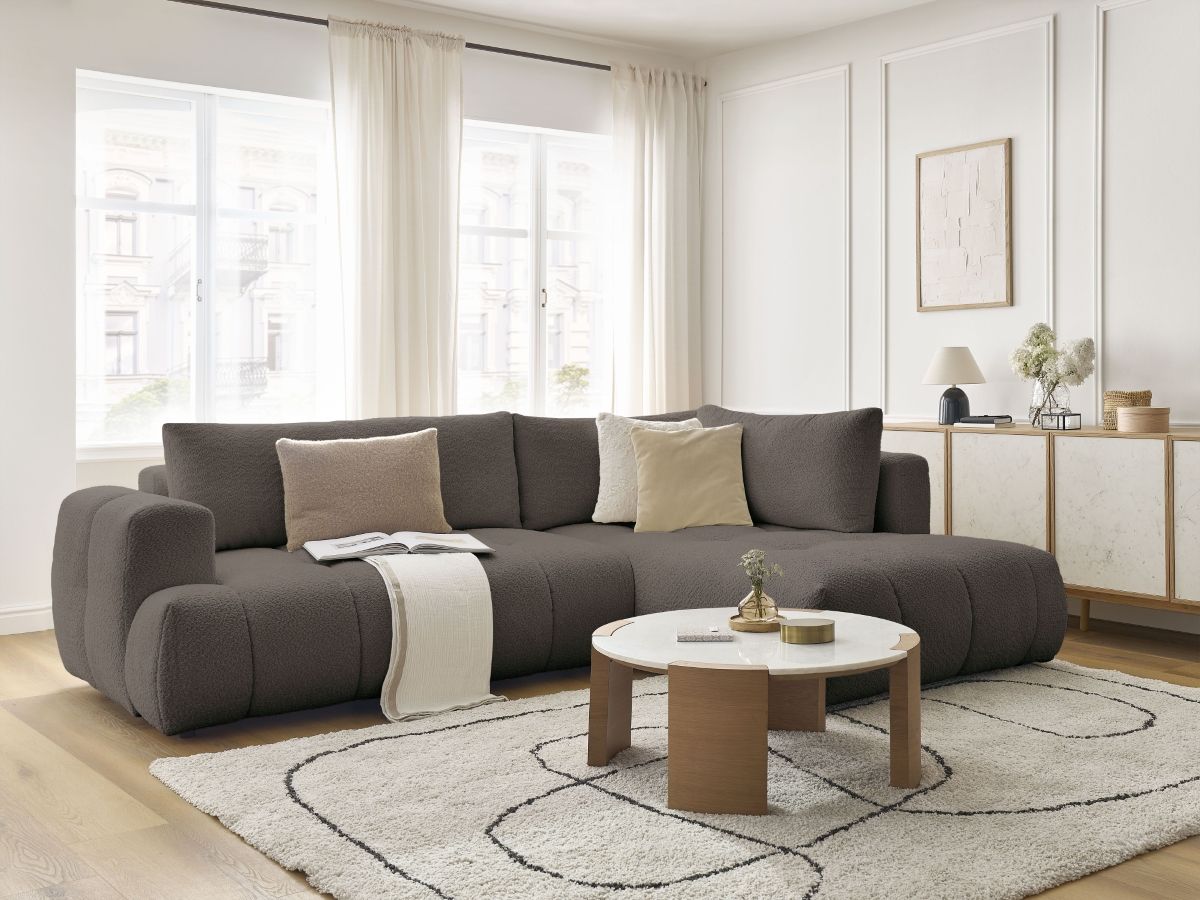 Bobochic Fuji Ecksofa mit Schlaffunktion und Bettkasten 282 × 204 cm Bouclé-Stoff Braun Ecke rechts
