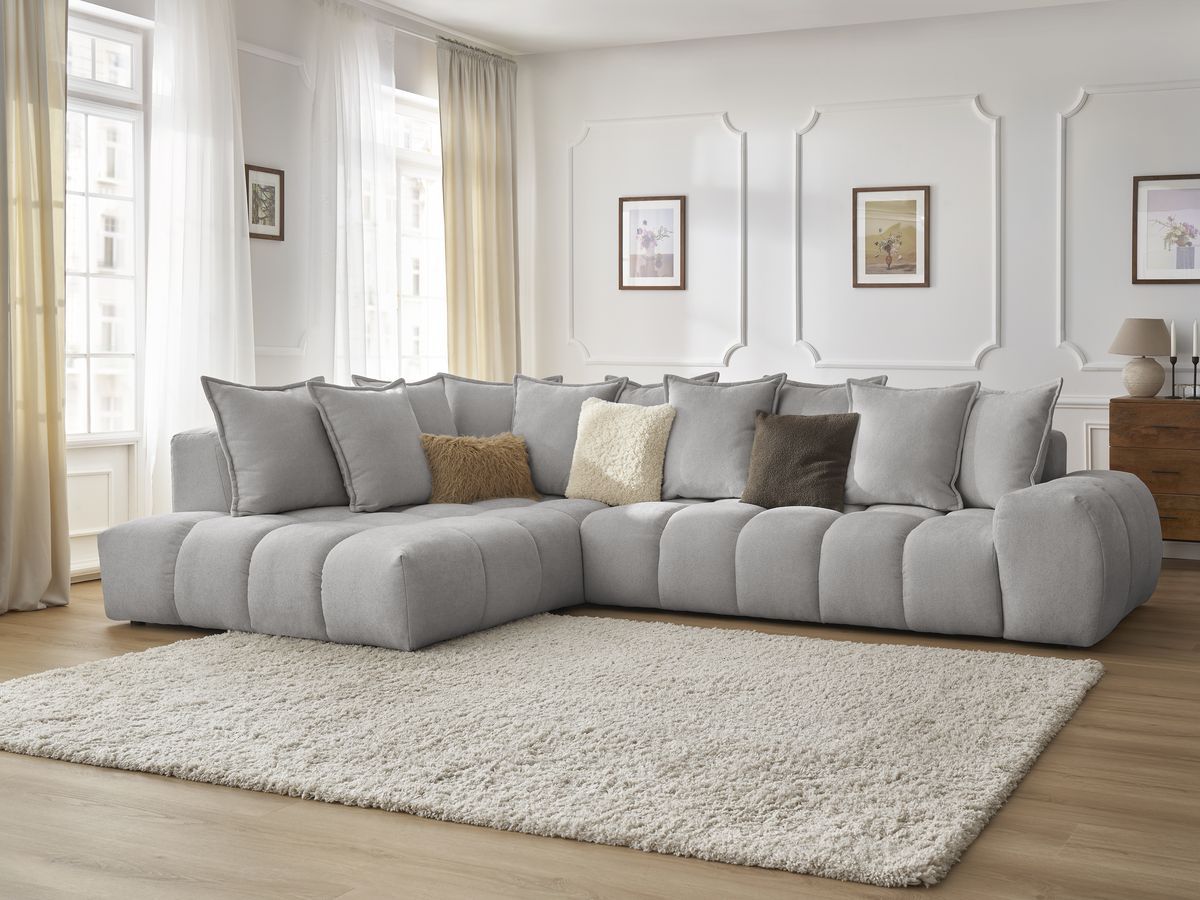 Bobochic Everest Ecksofa, 10 Kissen Strukturstoff Hellgrau Ecke links