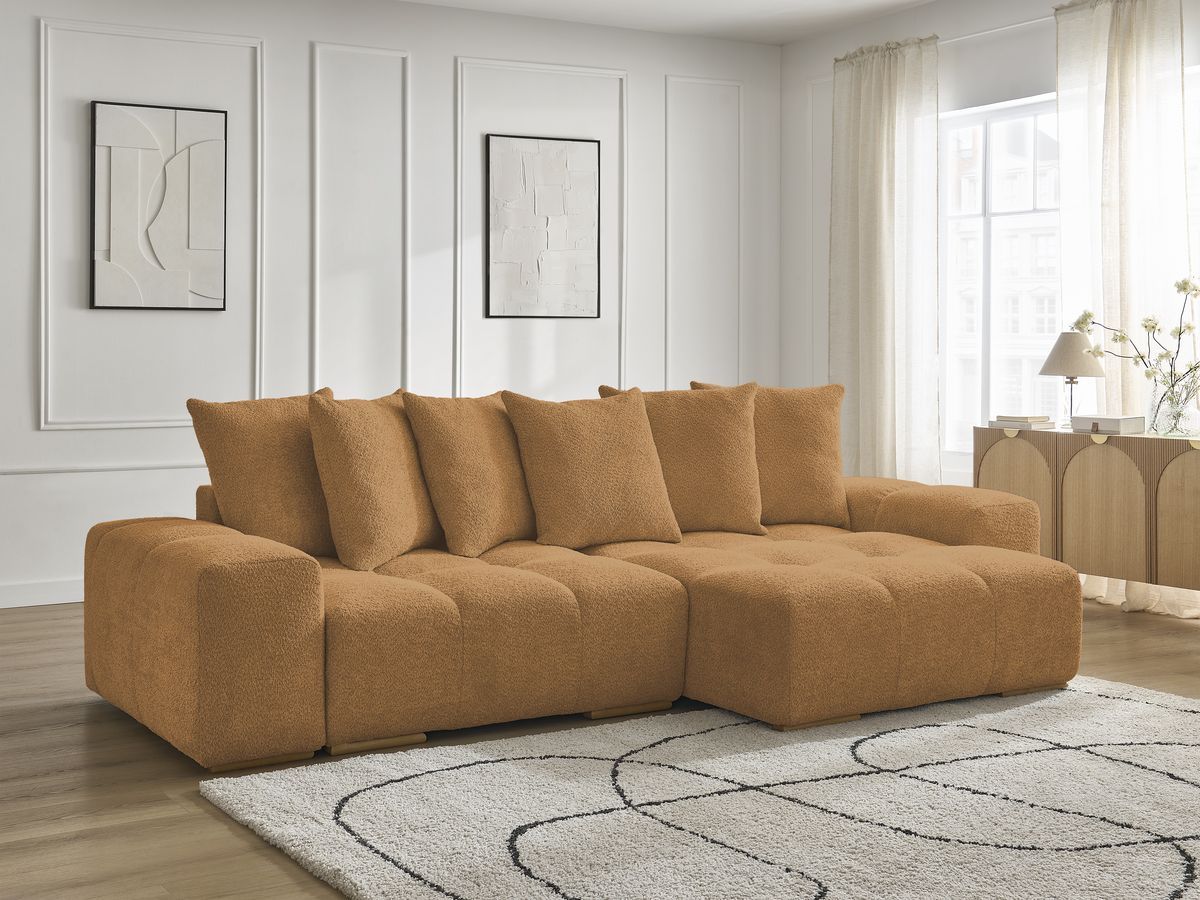 Bobochic Anakin Ecksofa mit Schlaffunktion und Bettkasten, 6 Kissen Bouclé-Stoff Gelb