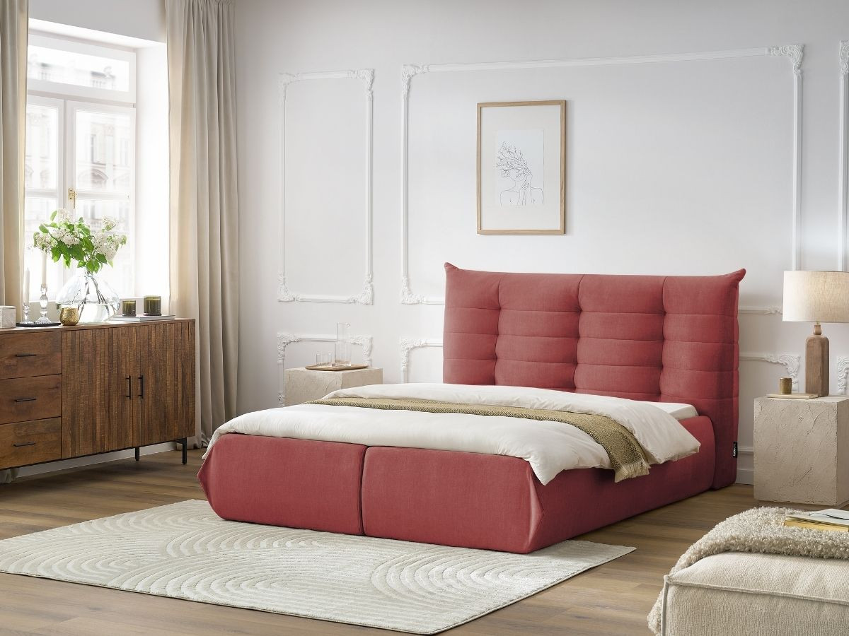 Bobochic Clothilde Polsterbett mit Bettkasten Samt Rot, Liegefläche 140 × 190 cm