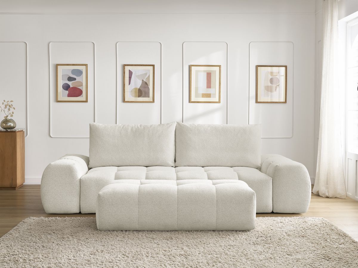 Bobochic Everest Sofa 3-Sitzer mit Pouf, 2 Kissen Melange-Stoff Weiß