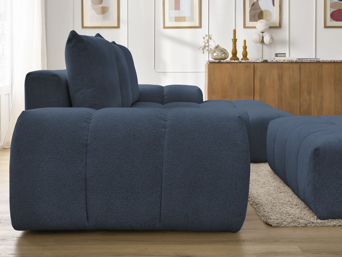 Bobochic Everest Ecksofa mit Schlaffunktion und Bettkasten und Pouf 318 × 180 cm, 3 Kissen Melange-Stoff Dunkelblau Ecke rechts