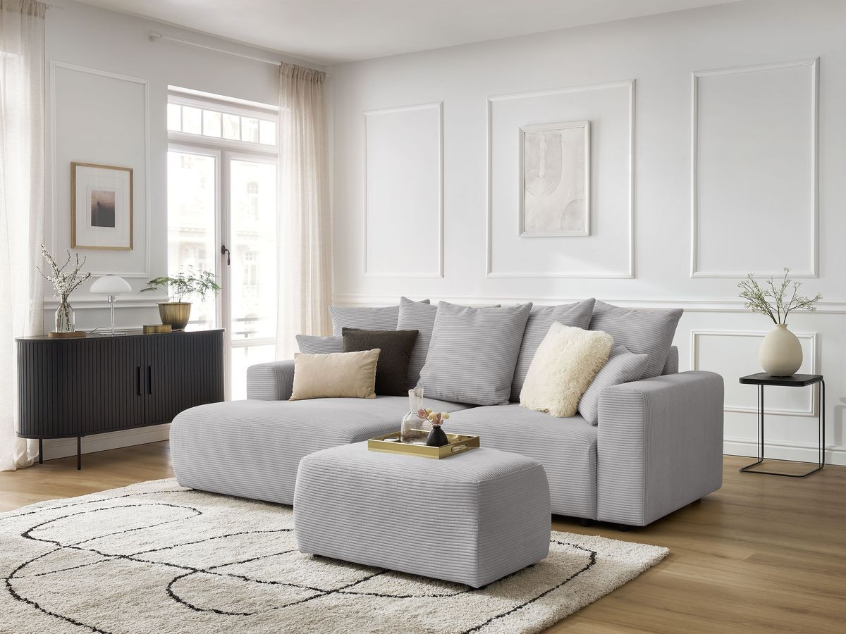 Bobochic Atilla Ecksofa mit Schlaffunktion und Bettkasten und Pouf Cordsamt Hellgrau Ecke links