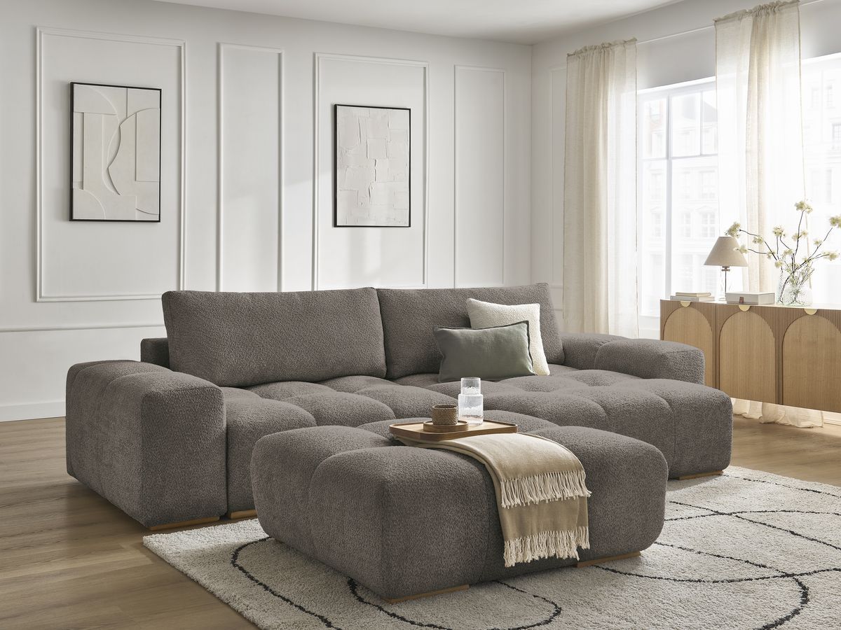 Bobochic Anakin Ecksofa mit Pouf, 2 Kissen Bouclé-Stoff Braun